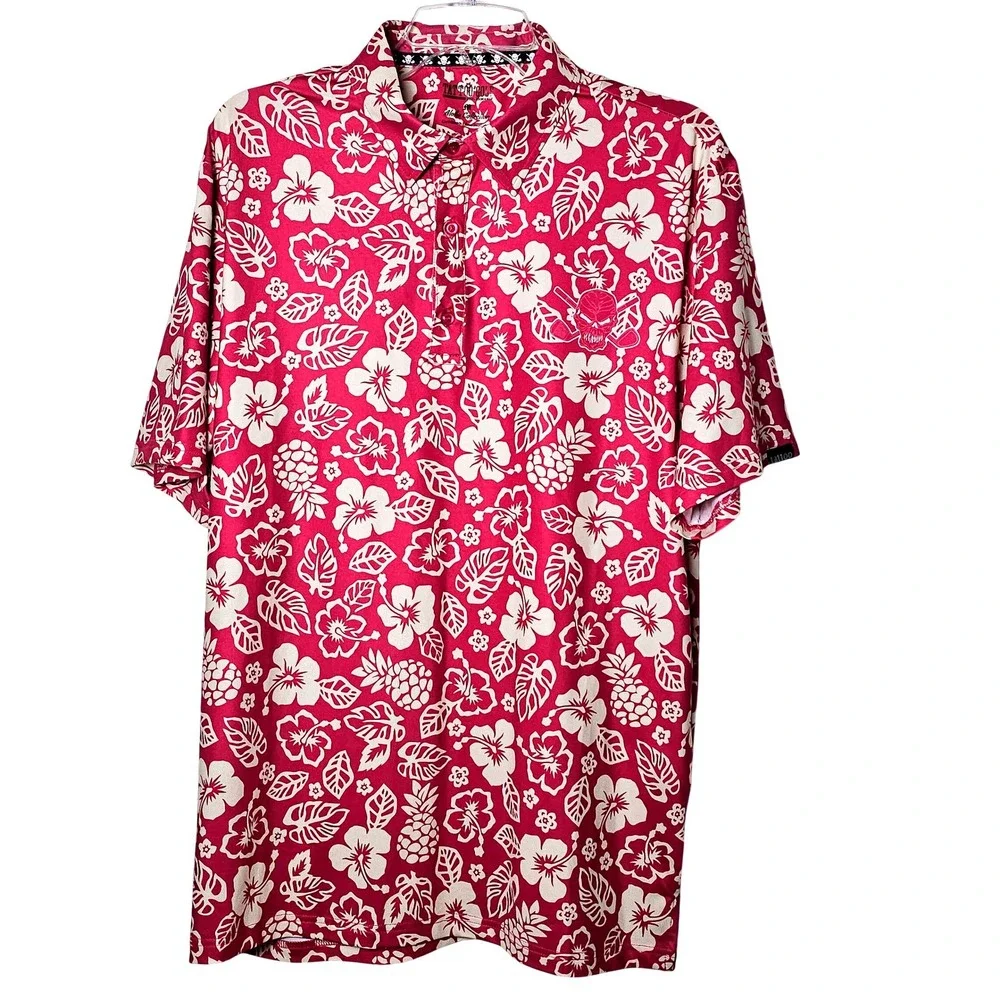 Tattoo Golf Performance Aloha Collection Pink Tropical Skull Polo Shirt Mens M
